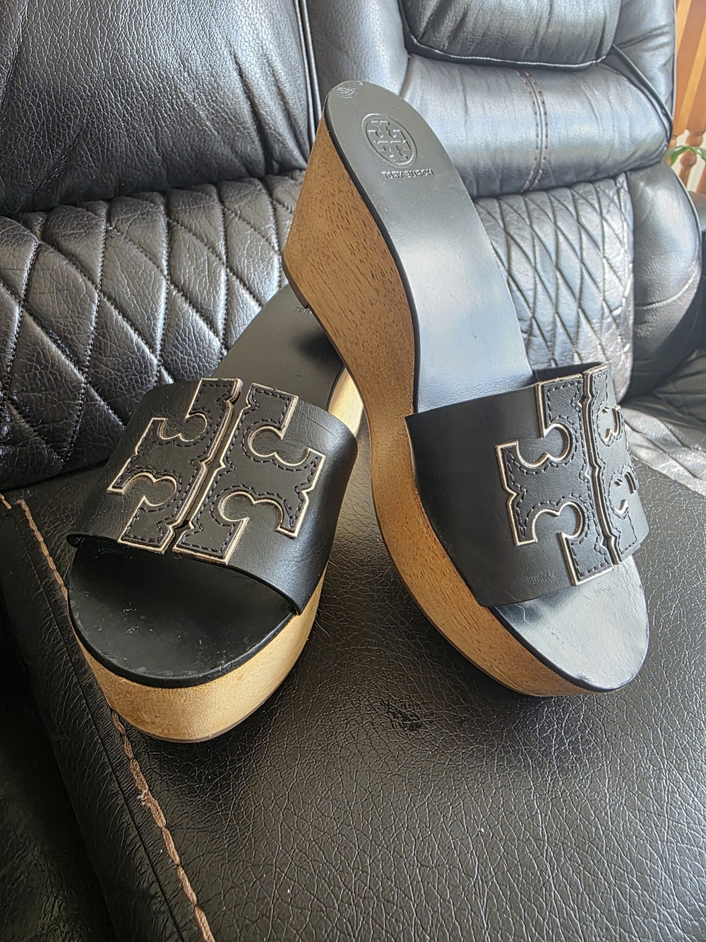 Tory Burch Black Leather Wood-Platform Slide Sandals
